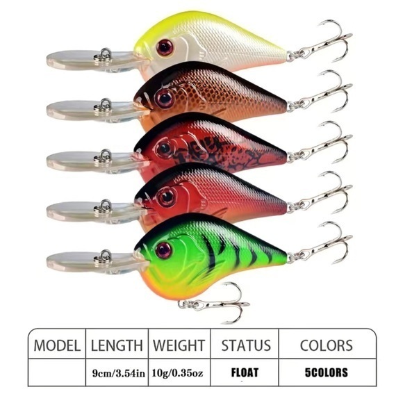 5pc Multicolored Crankbait Freshwater Fishing Lure Plastic Bait Tackle Hooks - Picture 2 of 10